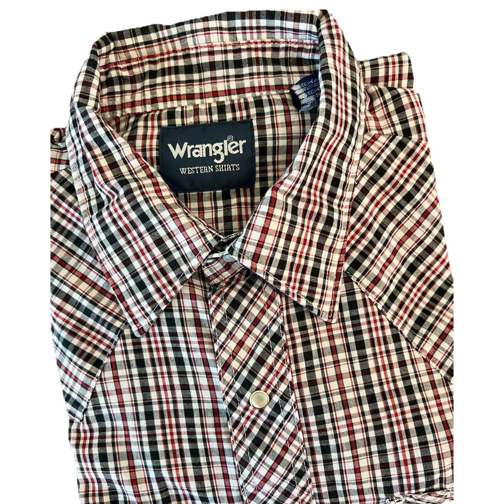 Wrangler Western Shirt Mens Large Red Black Plaid Long Sleeve Pearl Snap Outdoor
